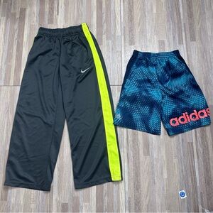 Adidas Kids Black Pants with Neon Yellow Stripe & Blue Shorts Youth Small 7